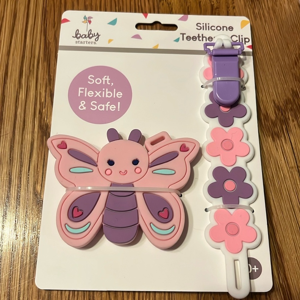 NIP Baby Starters Silicone Teether & Clip Butterfly and Flowers
